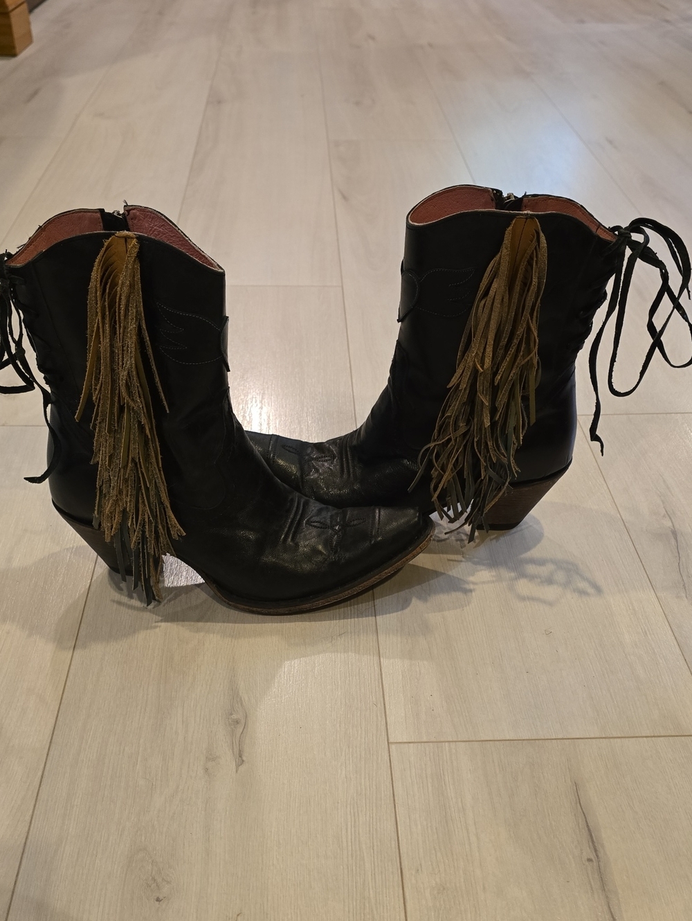 Junk Gypsy Lane Black Leather Rainbow Fringe Western Heel Ankle Boots Booties 8